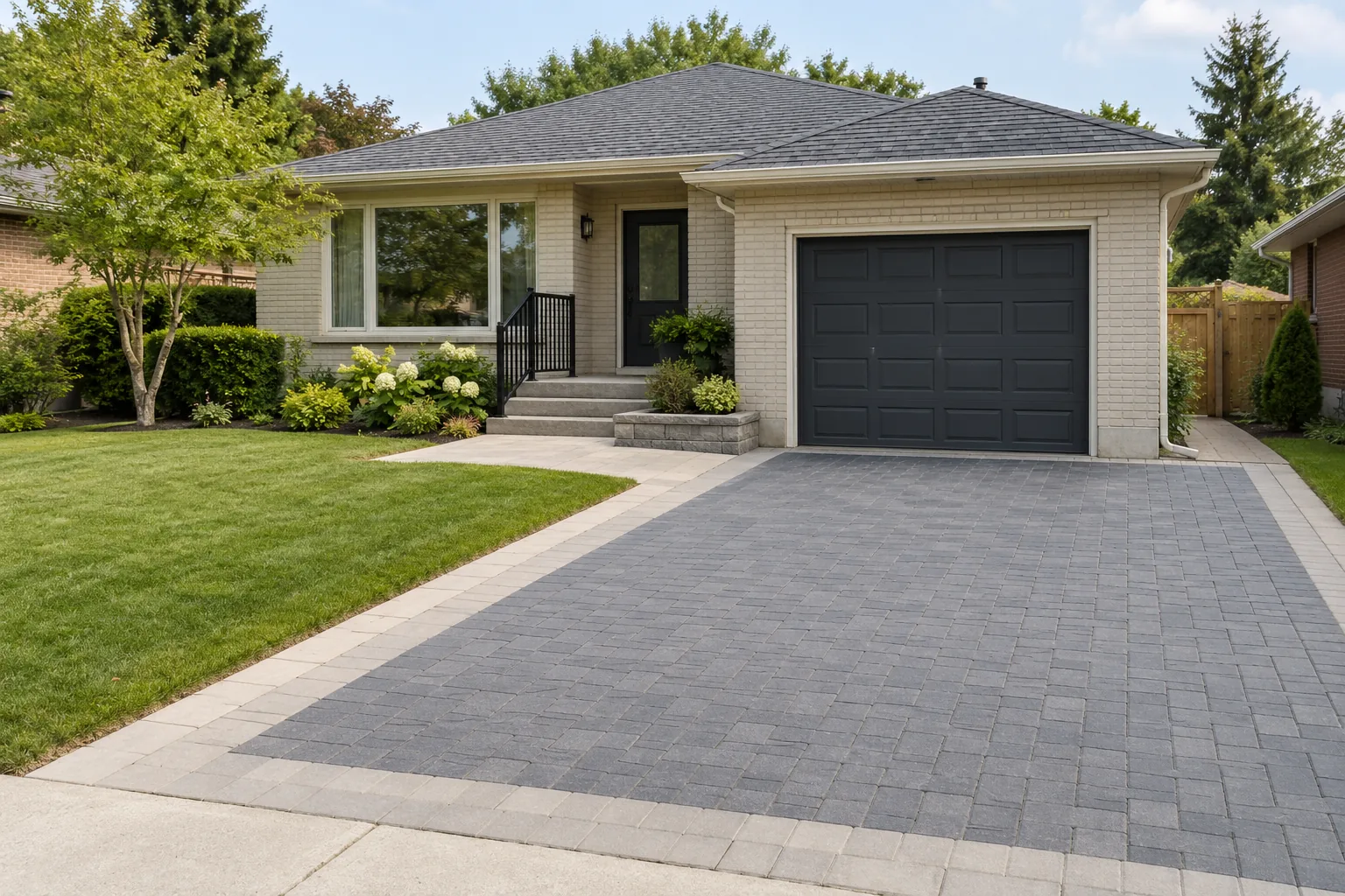 Charcoal paver driveway and a separate pale front walk at a cream-brick bungalow with a single garage