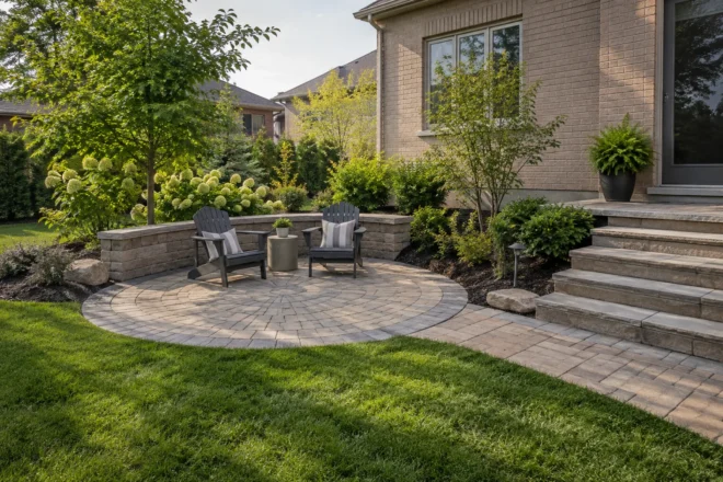 Circular paver seating patio joining a straight path beside broad entry steps at a buff-brick home