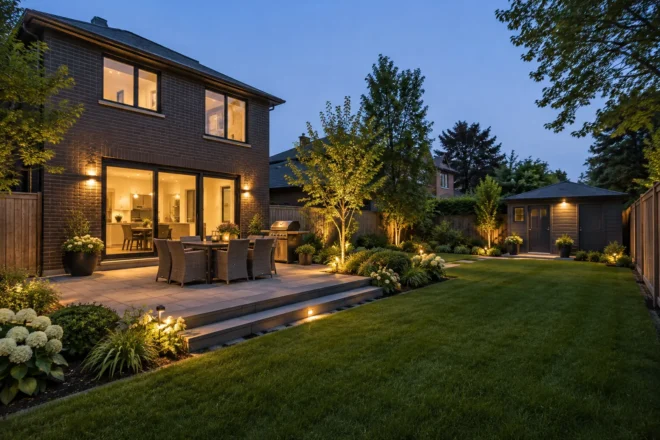 Outdoor dining terrace with ordinary practical evening illumination