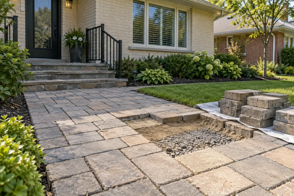 Lifted path pavers exposing bedding and granular base during a bounded repair