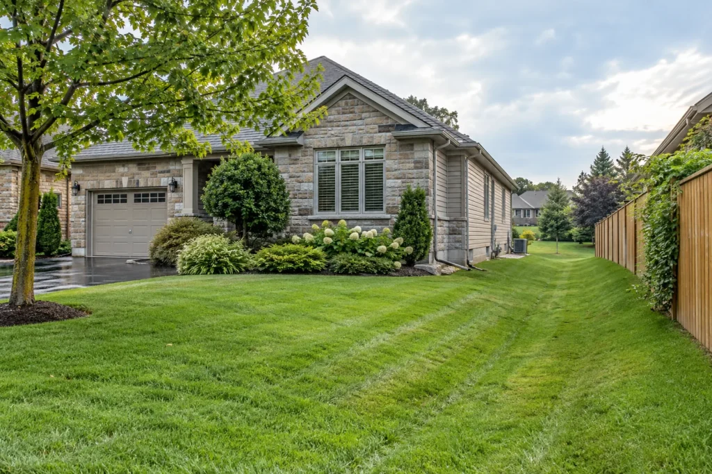 Maintained shallow grass swale along the side of a bungalow
