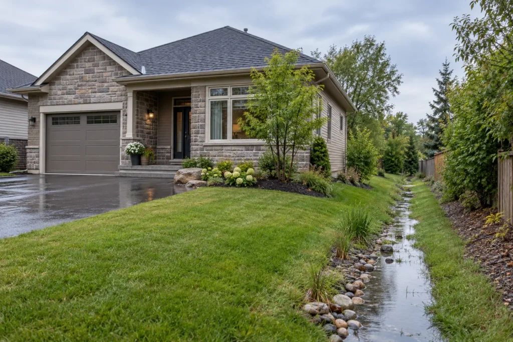 Clear side-yard swale after rain