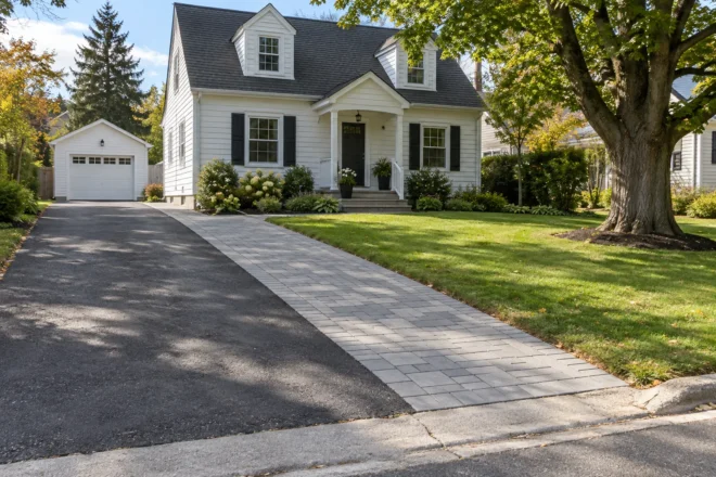Paver driveway widening beside a white-sided home with a mature tree in the retained lawn