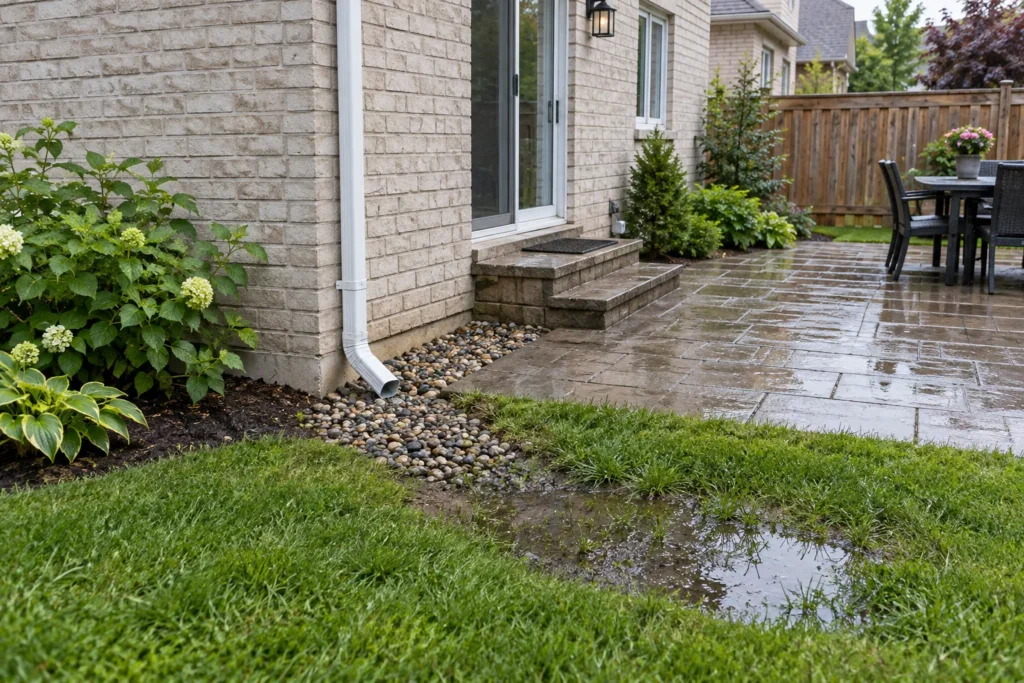 Downspout runoff beside a wet patch at the edge of a patio