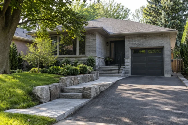 Low stone retaining edge beside a driveway and stepped entrance path