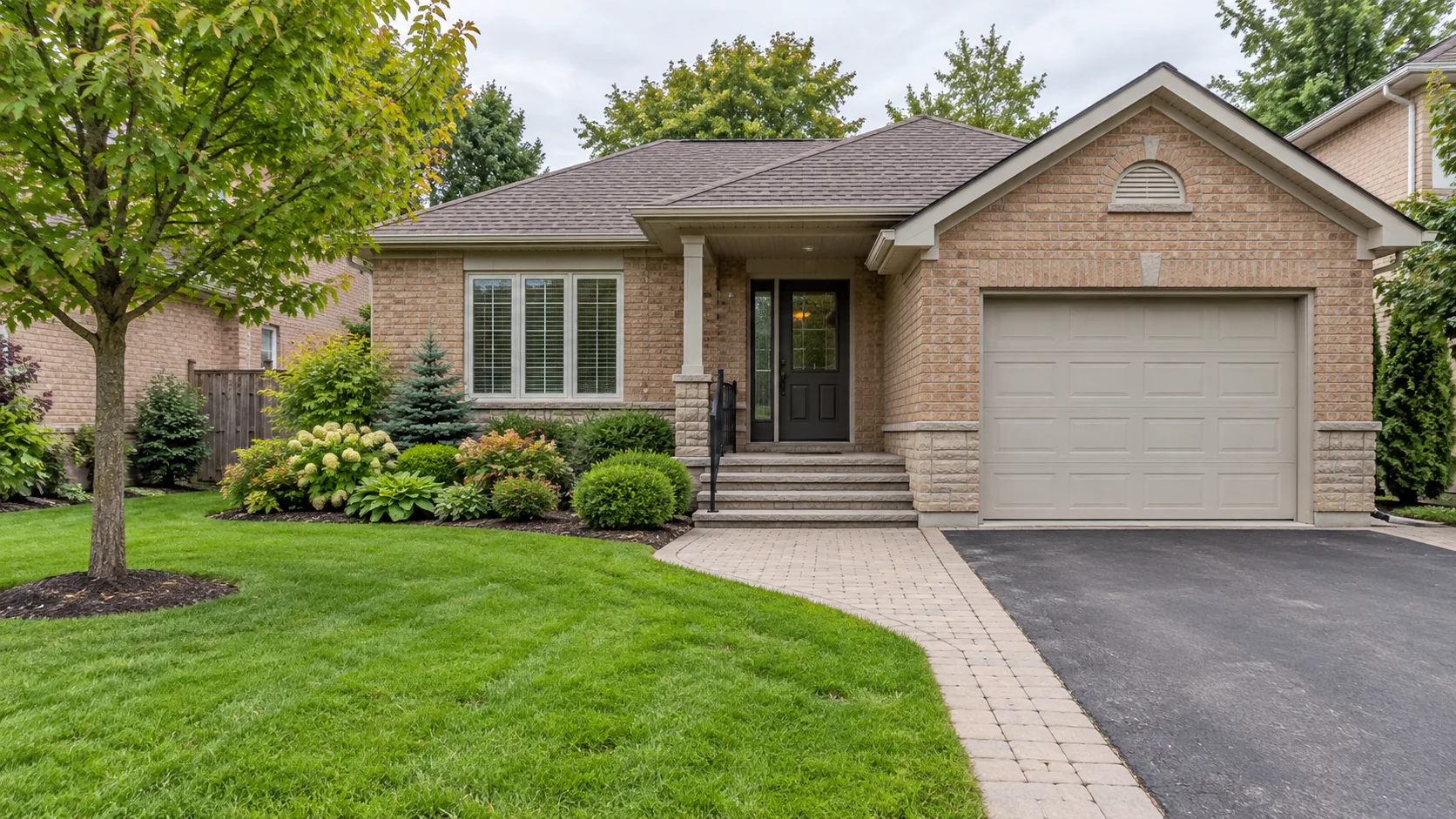 Welcoming front walk and practical driveway at a modest buff-brick house