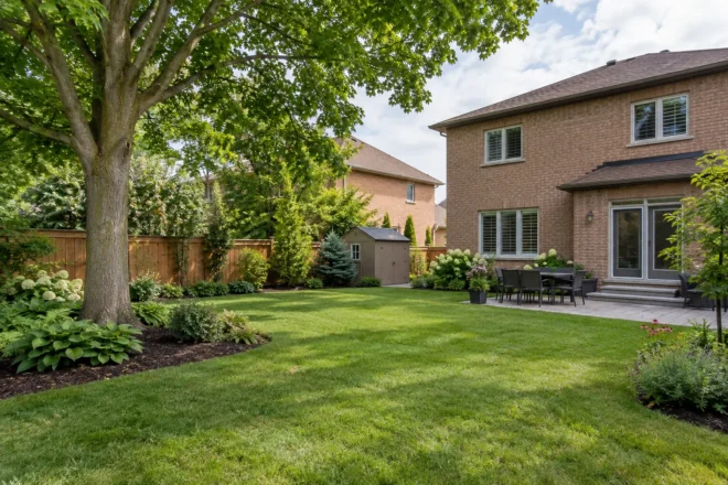 Reconstructed lawn and planted beds around a retained mature tree