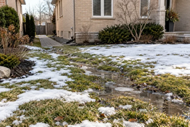 Winter-thaw water following a shallow route across patchy snow-covered lawn