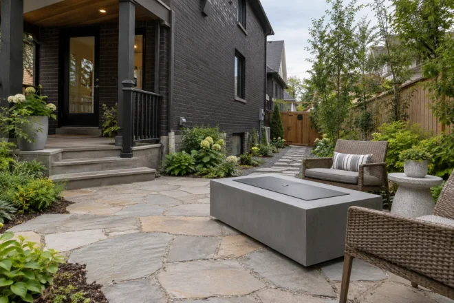 Covered gas fire table on a natural-stone seating terrace beside a dark-brick home.