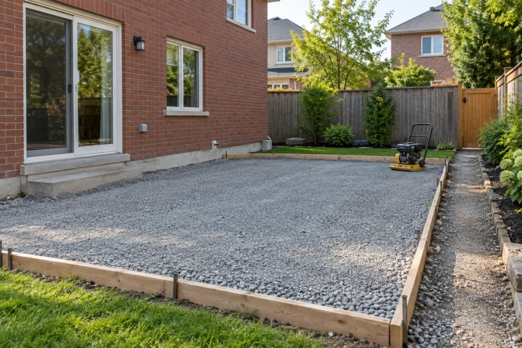 Prepared granular patio base with edge forms beside a red-brick house