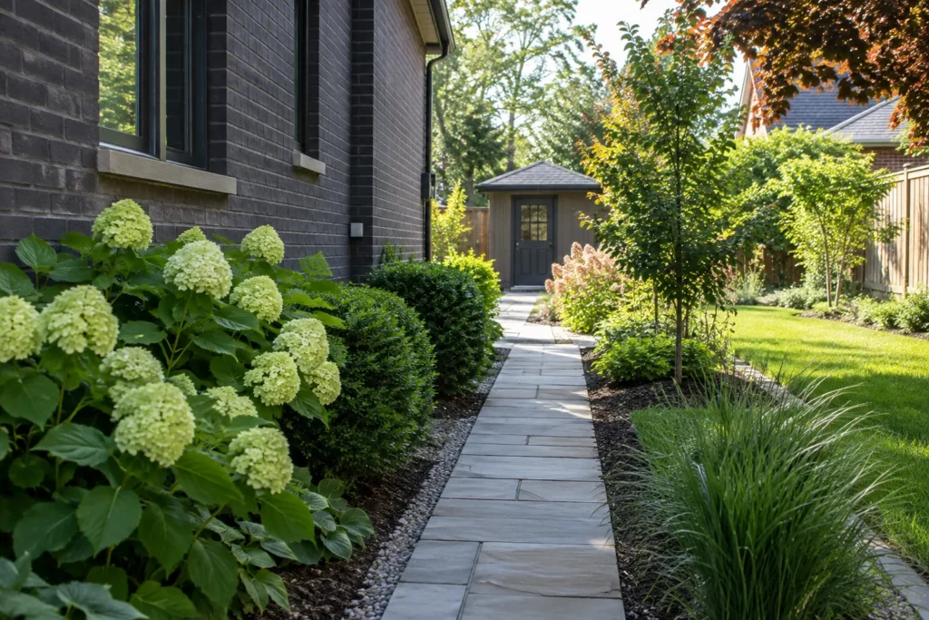 Mature garden planting kept back from a clear stone walkway