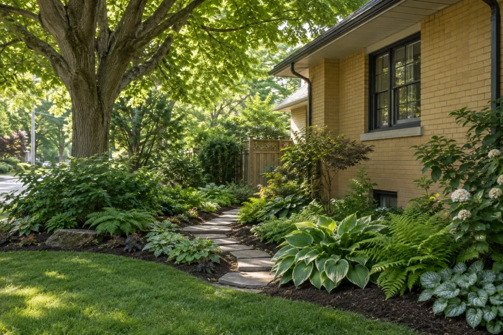 Shaded bungalow border with broadleaf plants and a stone garden path