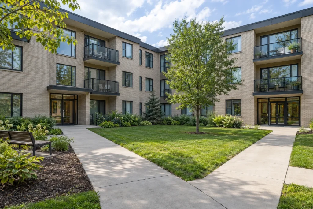 Condominium courtyard with clear branching concrete walks, low garden beds and shared entrances.