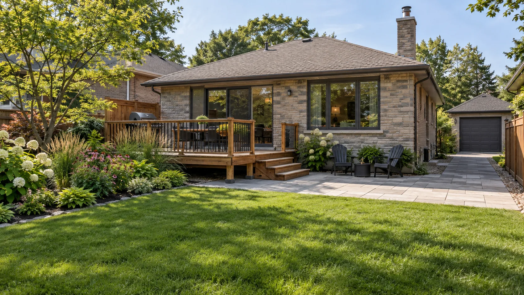Stone bungalow garden with supported cedar deck, stone terrace, open lawn and a clear route to a detached garage