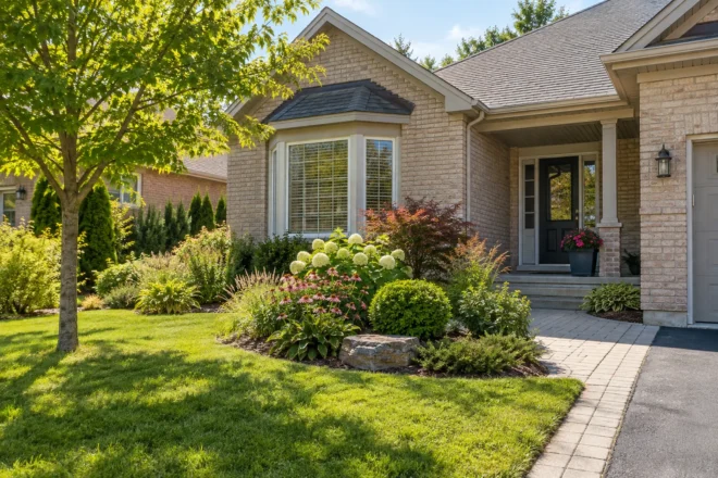 Sunny front garden with shrubs, grasses and seasonal flowers
