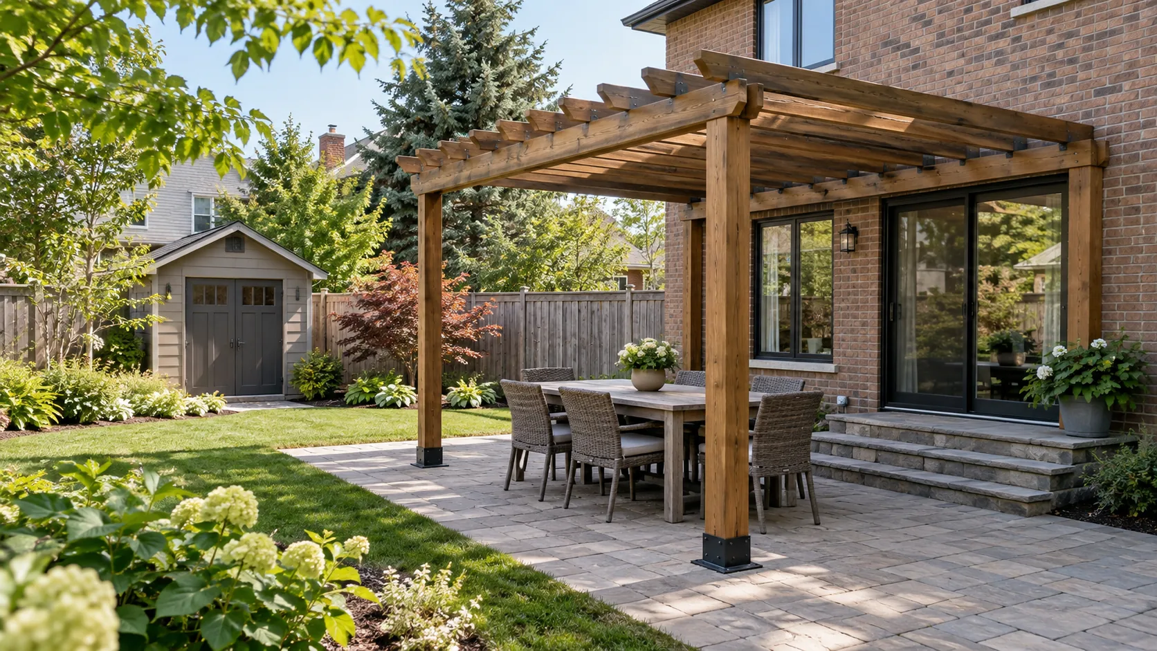 Properly supported modest pergola over a residential dining patio with believable scale