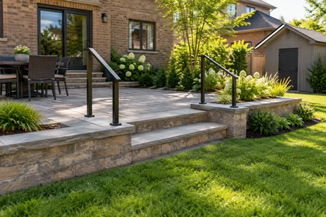 Two low stone garden steps connecting a paver terrace with lawn.