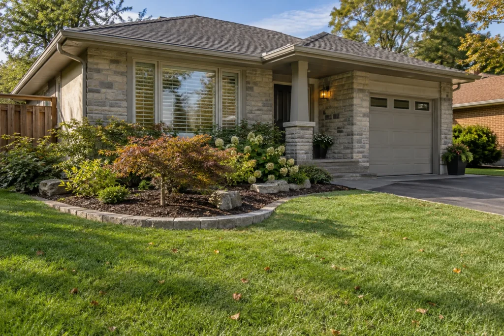 Single-course garden edging separates mulch from a level lawn