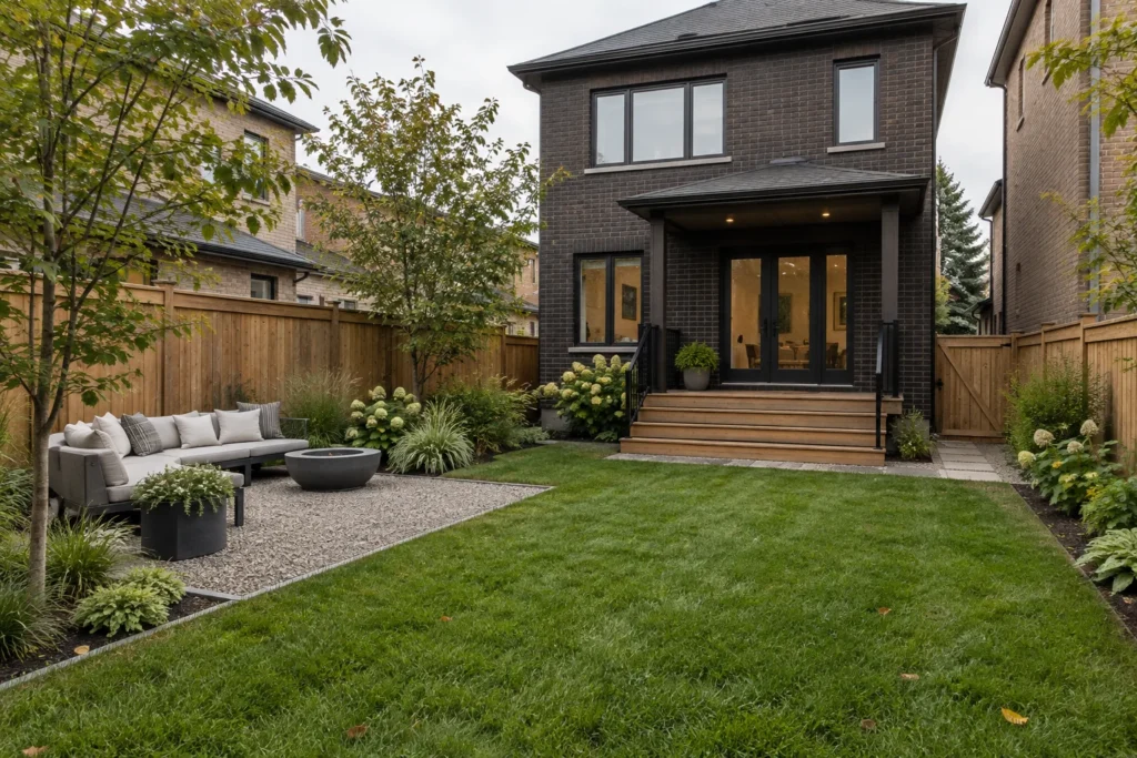 Open backyard lawn beside a separate gravel seating area