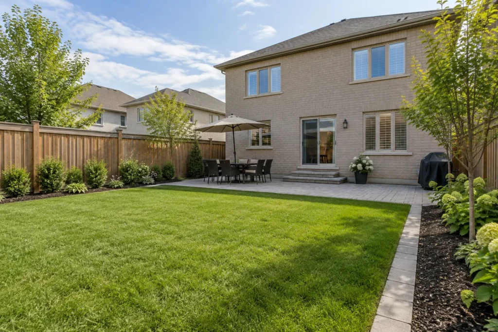 Rectangular backyard lawn with clean paver and garden edges