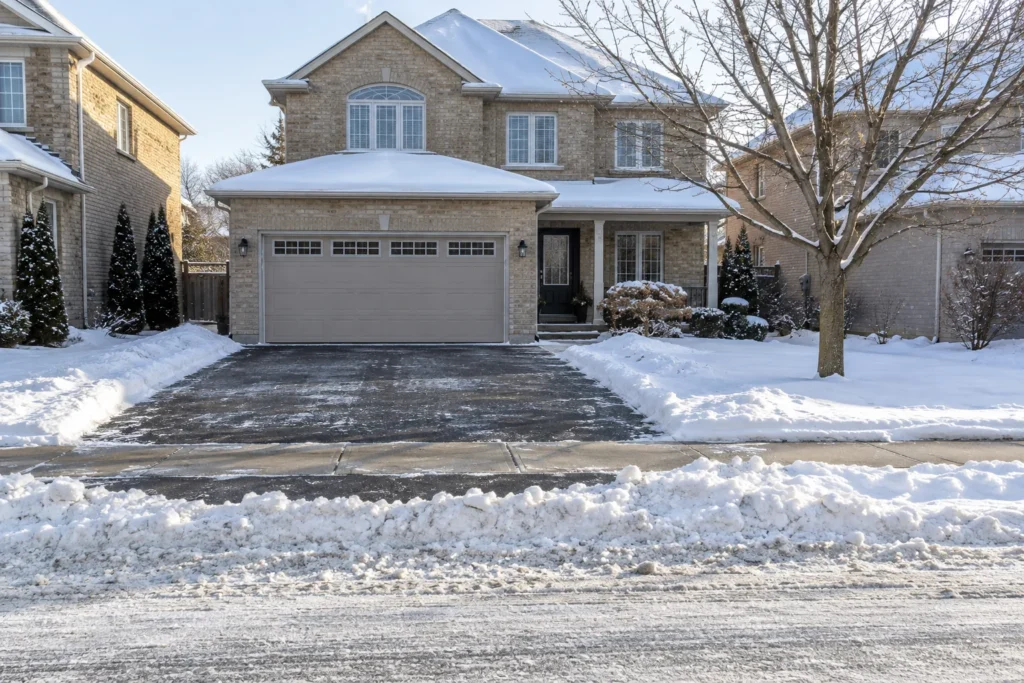 Road-plow windrow crossing a residential driveway entrance