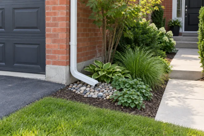 Townhouse downspout discharging into a compact planted receiving area