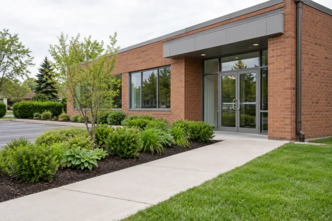 Upgraded low planting border beside a wide medical-office entrance walk.