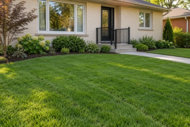 Fresh sod lawn with subtle staggered seams and a clean garden edge