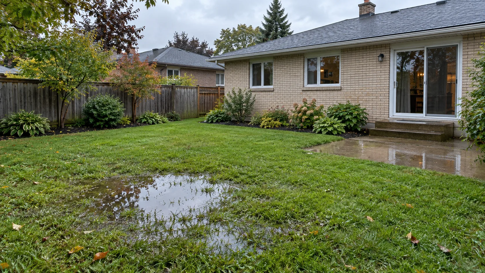 Backyard after rain with standing water in a low lawn area near a bungalow