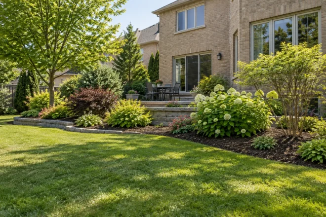 Naturally shaped shrubs beside a low garden terrace and open lawn