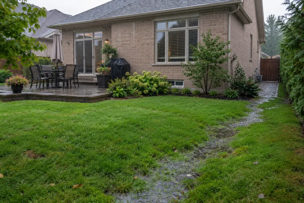 Shallow grass swale with surface water in a lawn