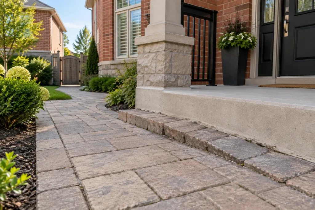 Heaved paver edge beside a fixed concrete porch landing