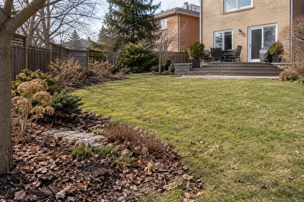 Winter leaf and twig accumulation around lawn edge