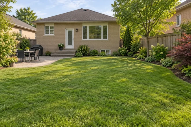Open family lawn with tidy patio and garden borders behind a modest home