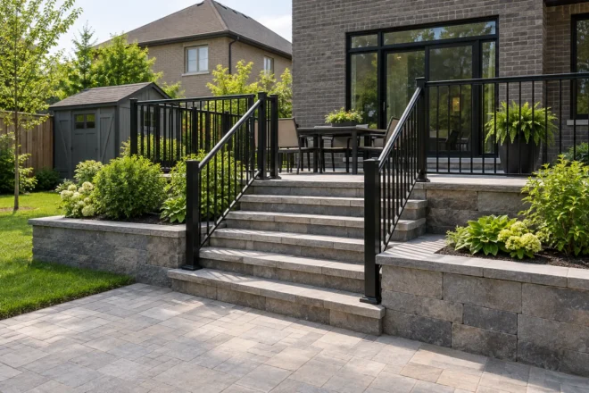 Railed stone steps between low planted walls linking two patio levels.