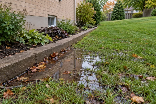 Water gathering beside a low edging curb on a side lawn