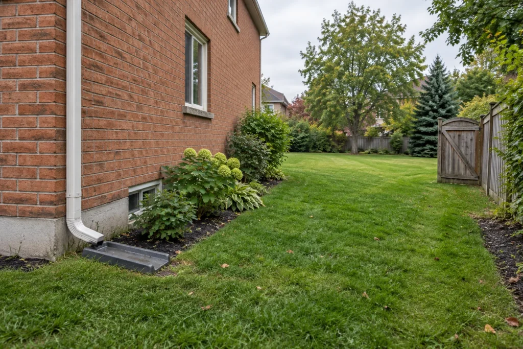 Roof downspout and splash block beside a shallow grassy side-yard route