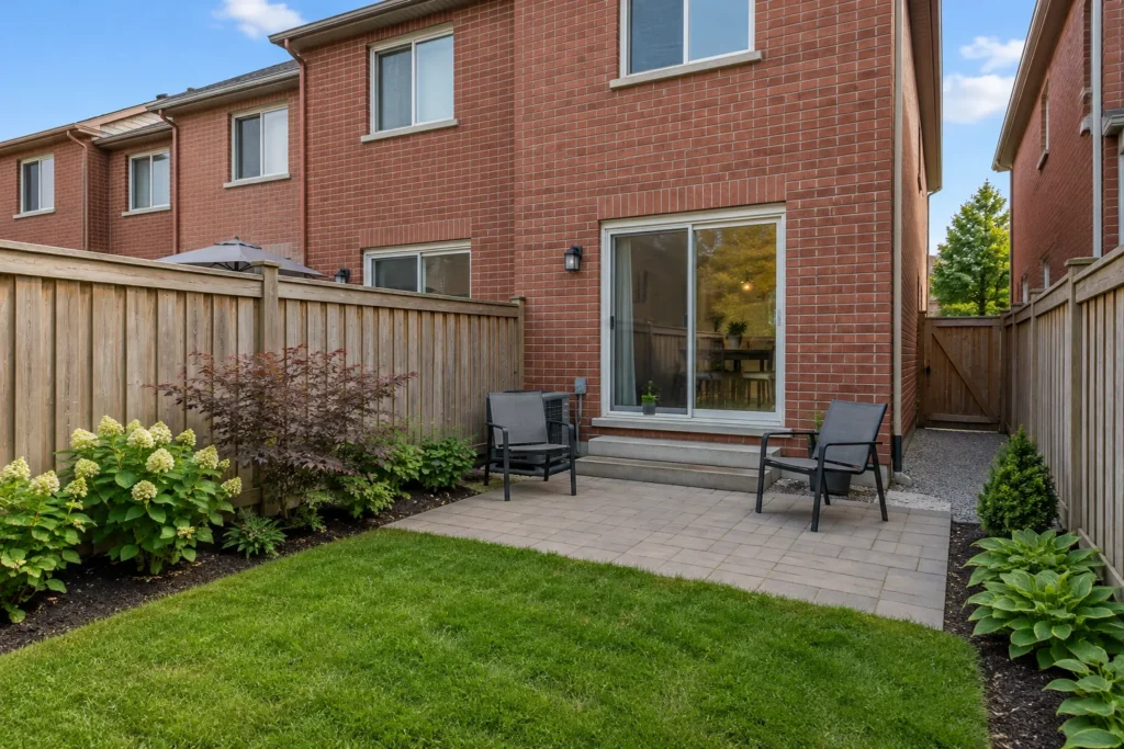 Small townhouse terrace with two chairs, garden beds and a clear side route