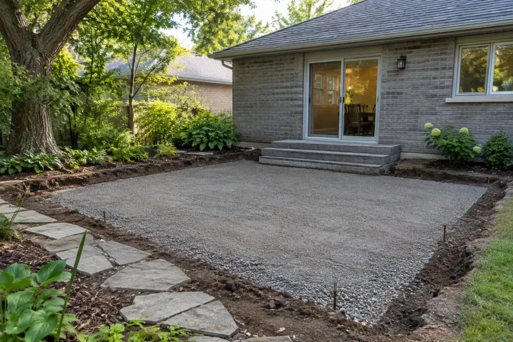Prepared patio base with tidy excavation and access