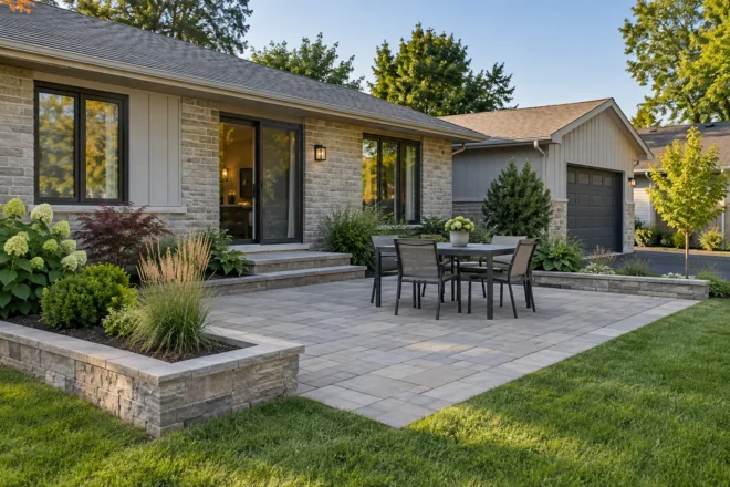 Rectangular paver patio framed by low stone garden edges beside a bungalow.
