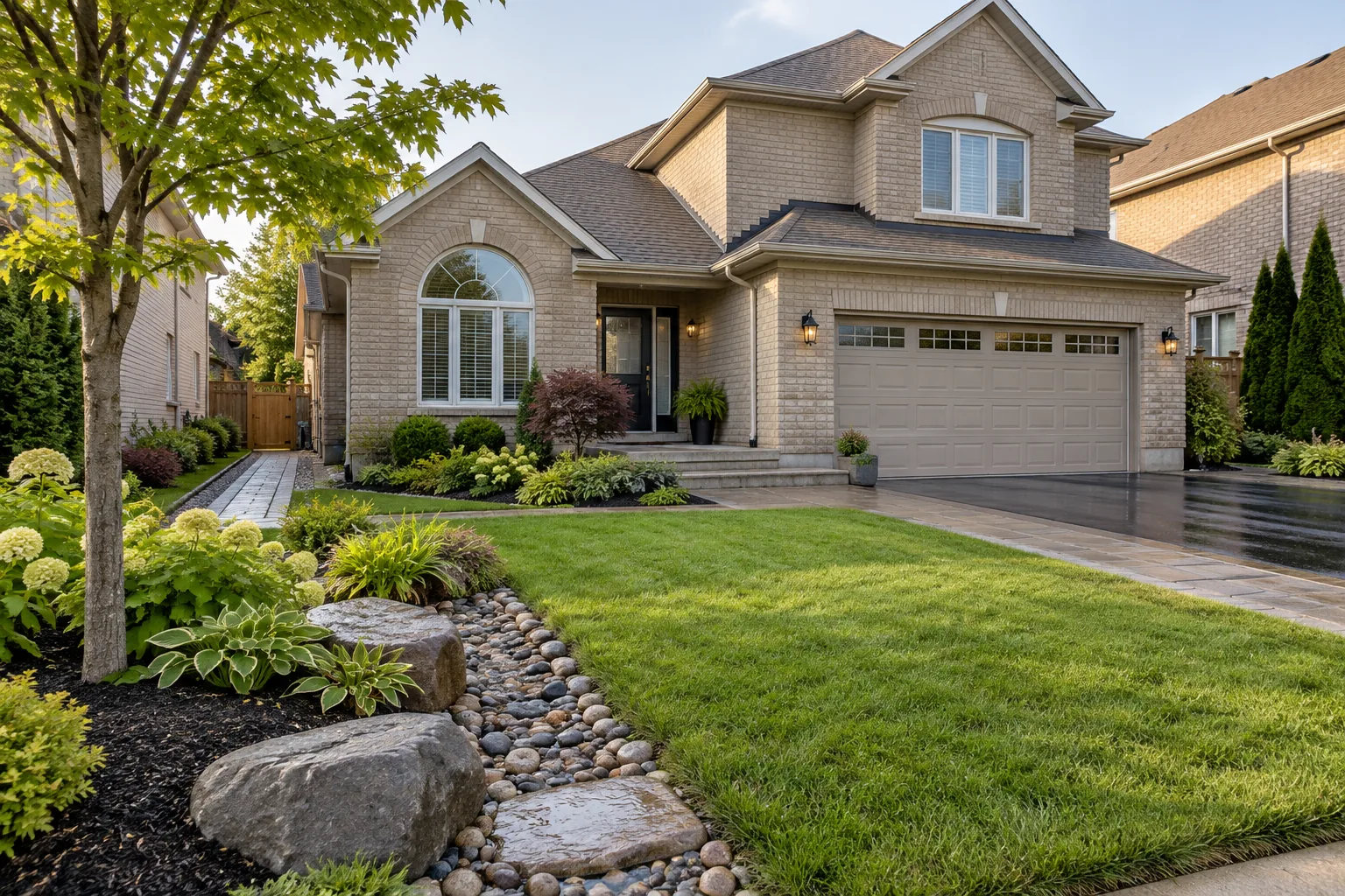Residential lawn and layered beds connected by a visible water path