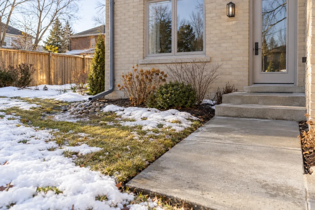 Winter roof runoff discharged into lawn clear of the entrance path