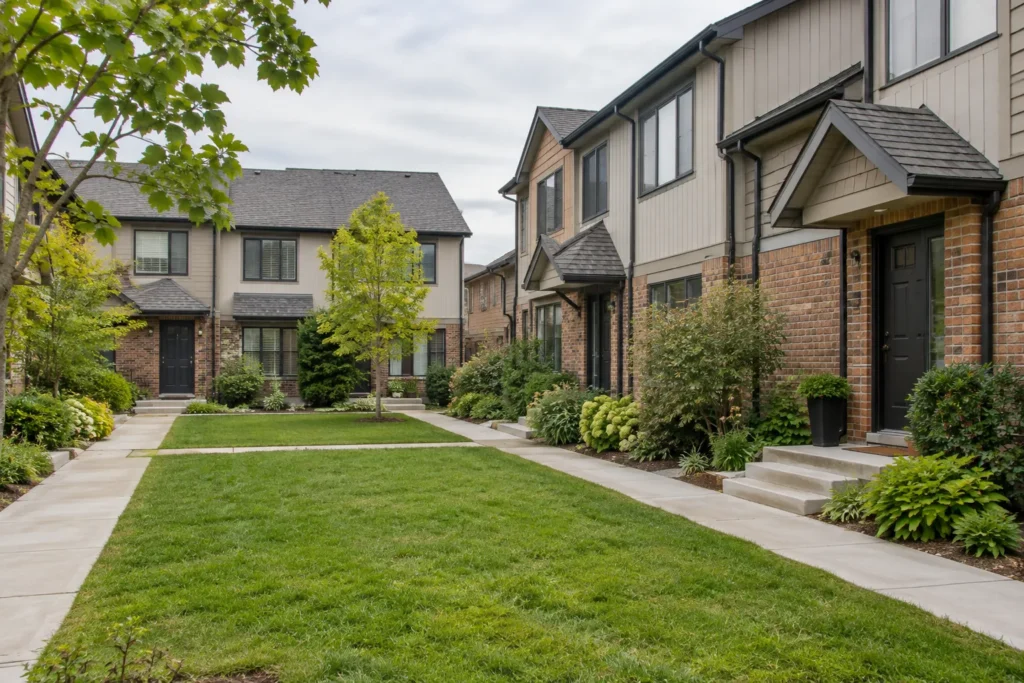 Shared lawn and connected entrance walks at a townhouse complex