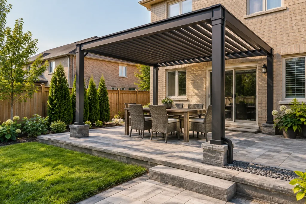 Post support coordinated with patio base and drainage