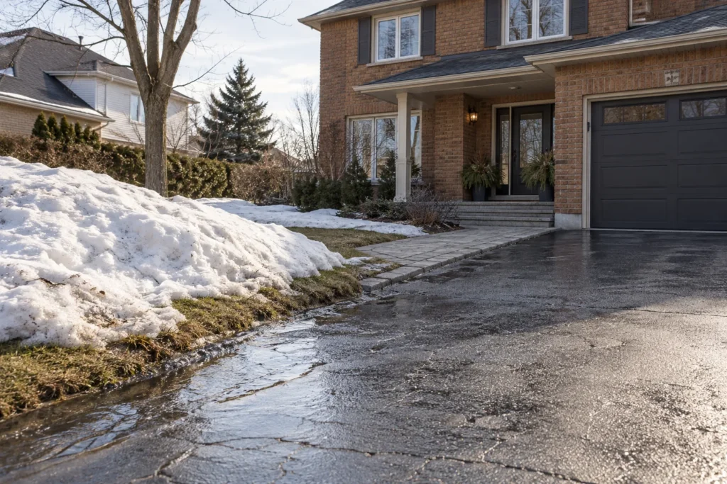 Meltwater travels along the driveway edge below a separate dry entrance walk