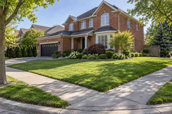 Corner front lawn with low planting outside a red-brick two-storey home