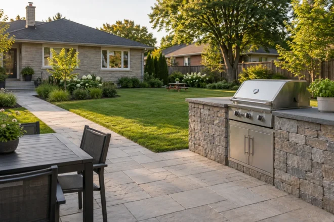 Compact outdoor cooking station beside a patio with a separate open lawn and distant picnic table.