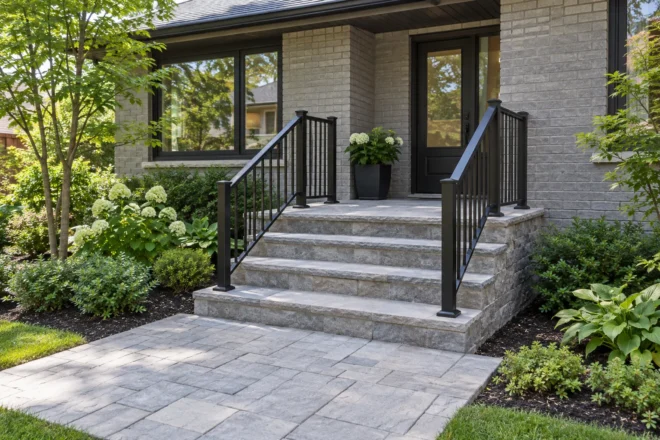 Front stone stairs with black rails and a broad landing at a grey-brick home.
