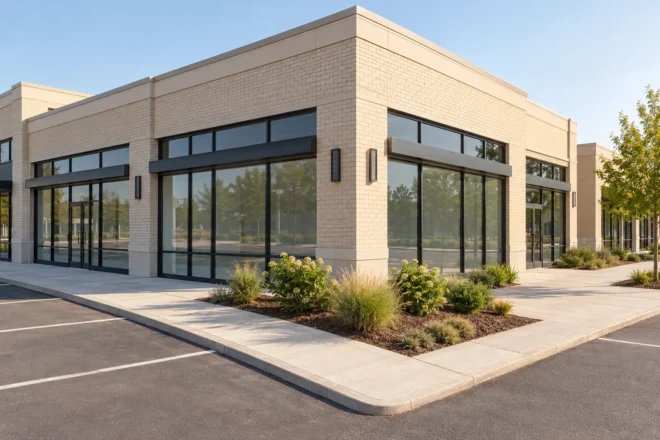 Low planting keeps the corner storefront walkway and sightlines clear.