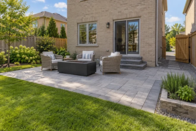 Unlit gas table and chairs on a garden terrace with a clear route to an open side gate.